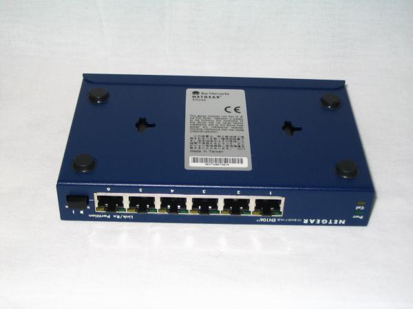 Netgear EN106TP underside label and front panel with six RJ-45 ports