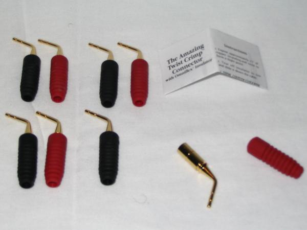 Four pairs of Monster Cable angled gold pin connectors with instruction sheet