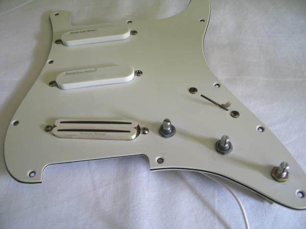 Pre-wired Strat pickguard with Lace Sensor Blue, Lace Sensor Gold and Seymour Duncan Hot Rails pickups