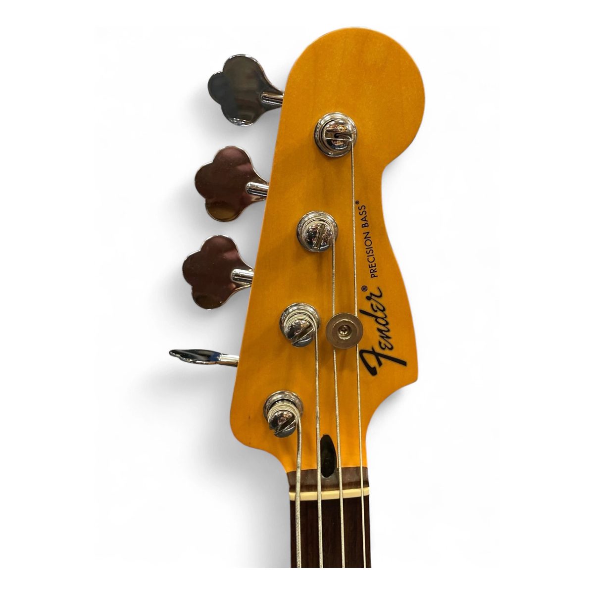 Fender Precision Bass headstock with open-gear tuners, cloverleaf keys and a round string tree