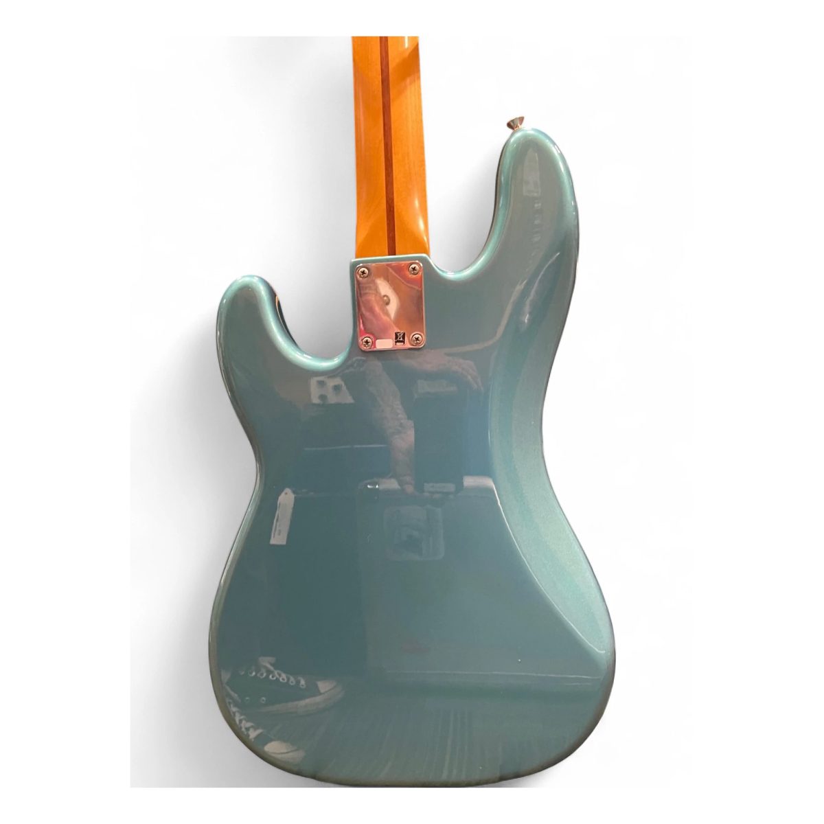 Back of the Lake Placid Blue Precision Bass body and maple neck with four-bolt neck plate